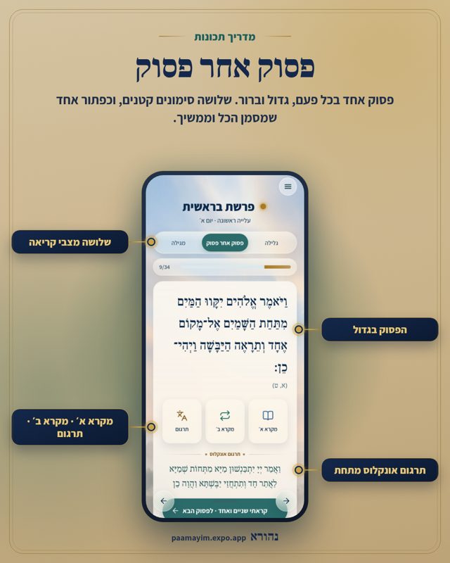 פסוק אחר פסוק. פסוק אחד בכל פעם, גדול וברור. שלושה סימונים קטנים, וכפתור אחד שמסמן הכל וממשיך. מסומן על המסך: שלושה מצבי קריאה, הפסוק בגדול, מקרא א׳ · מקרא ב׳ · תרגום, תרגום אונקלוס מתחת.