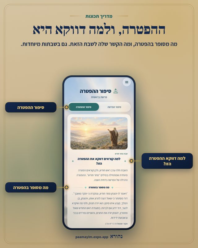 ההפטרה, ולמה דווקא היא. מה מסופר בהפטרה, ומה הקשר שלה לשבת הזאת. גם בשבתות מיוחדות. מסומן על המסך: סיפור ההפטרה, למה דווקא ההפטרה הזו?, מה מסופר בהפטרה.