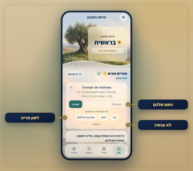 מסומן על המסך: השם שלכם, לשון פנייה, לא עכשיו